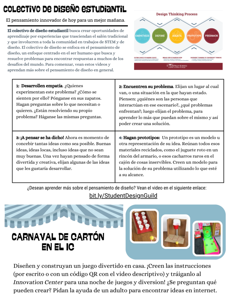 Graphic outlining a student design collective's innovative approach using the design thinking process and a cardboard carnival project.