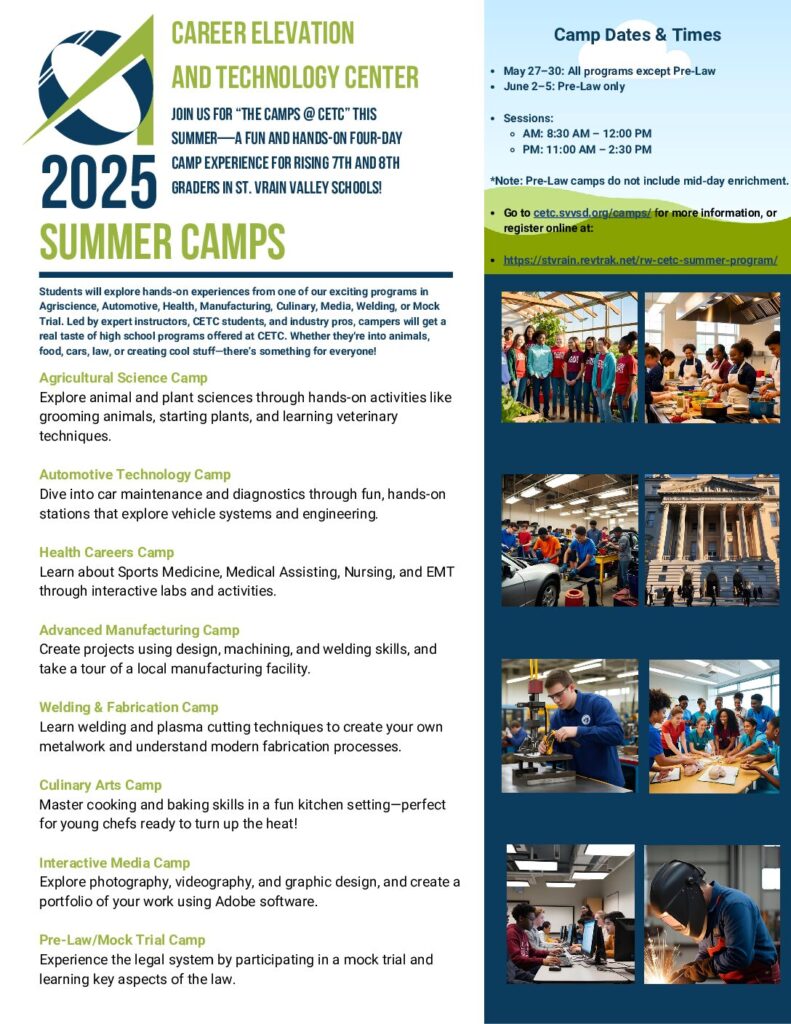 CETC Summer Camps. Join us for a fun and hands-on Four- Day camp experience for rising 7th and 8th graders
May 27-30 All programs except pre law. Pre Law June 2-5
Register onliine