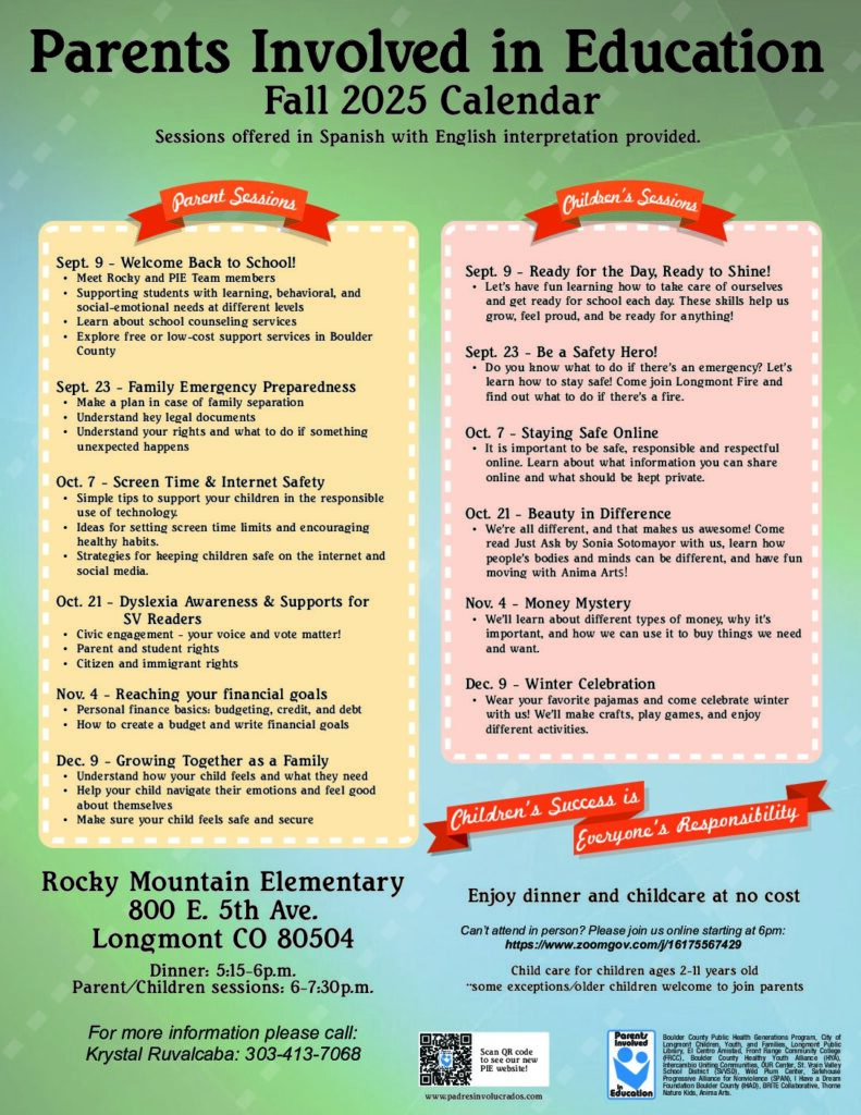 Parents Involved in Education Fall 2025 Calendar
Dates: 
Sept 9 - Welcome back to school
Sept 23 - Family Emergency Prepardness
Oct 7 - Screen Time & Internet Safetly
Oct 21 - Dyslexia Awareness & Supports for SV Readers
Nov 4 - Reaching your financial goals
Dec 9 Growing together as a family