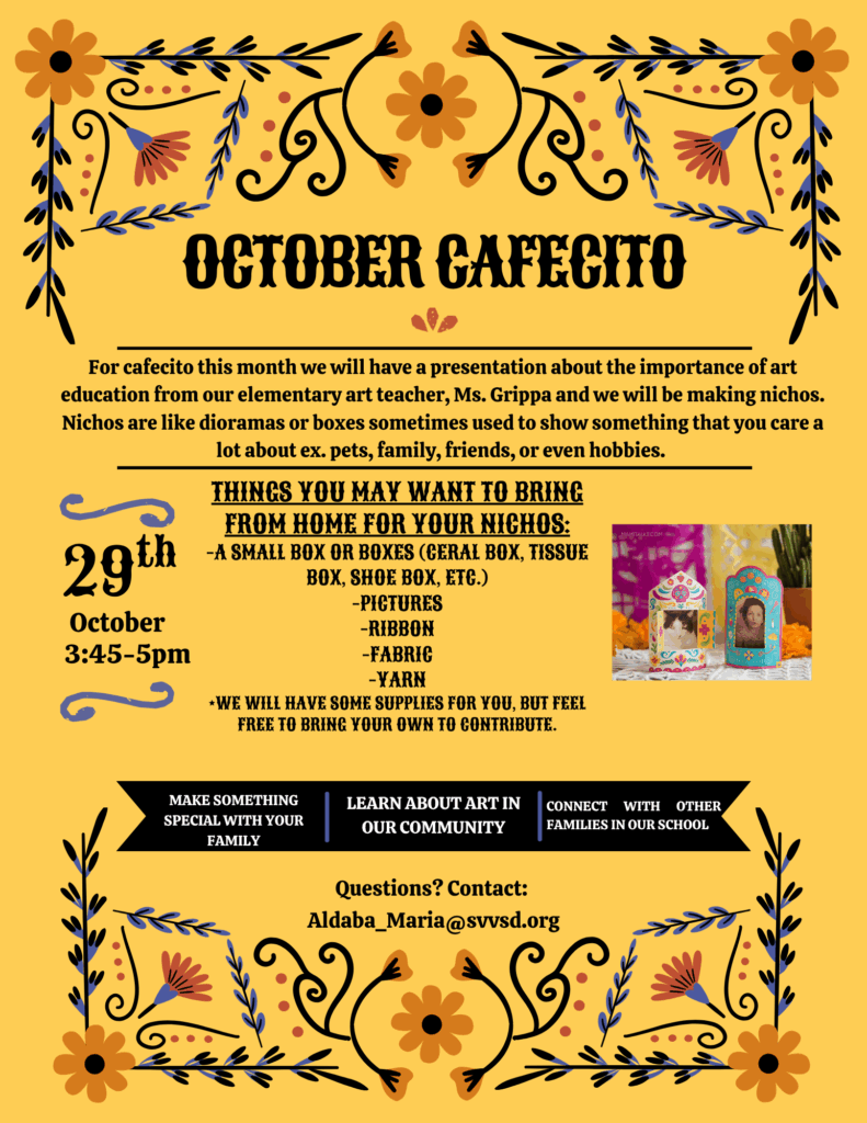 A colorful flyer for an October Cafecito event featuring art presentations and crafting nichos, with details on supplies needed.