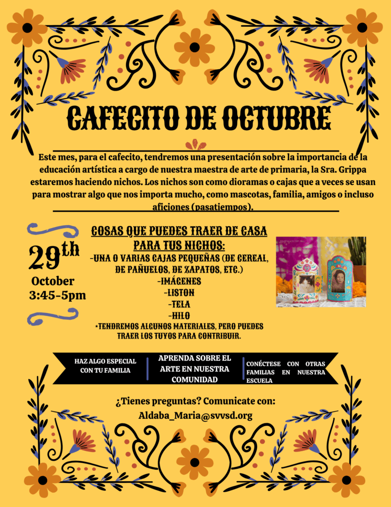Event flyer for "Cafecito de Octubre," detailing an art presentation and materials needed for creating niches.