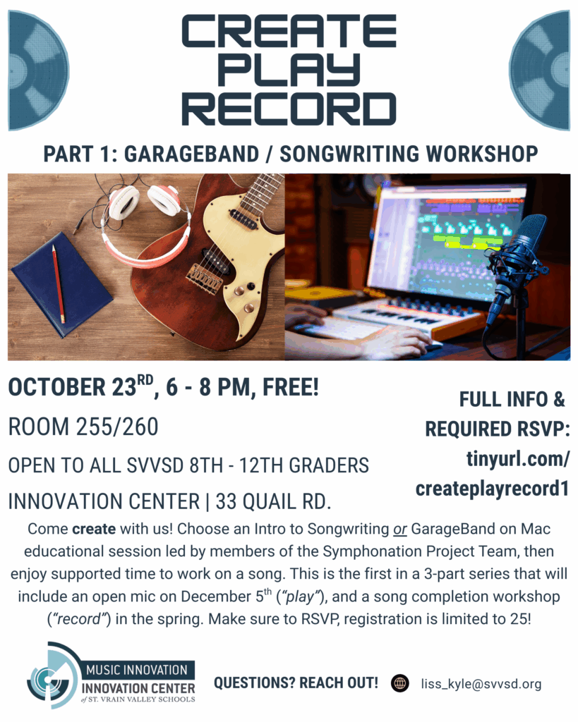 Promotional flyer for a GarageBand songwriting workshop on October 23rd, featuring a guitar, headphones, and a computer setup.