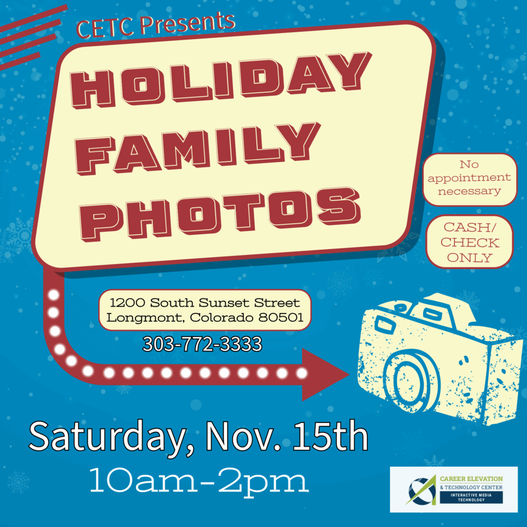 Event flyer for holiday family photos on November 15, 10am-2pm, at 1200 South Sunset Street, Longmont, CO. Cash/check only.
