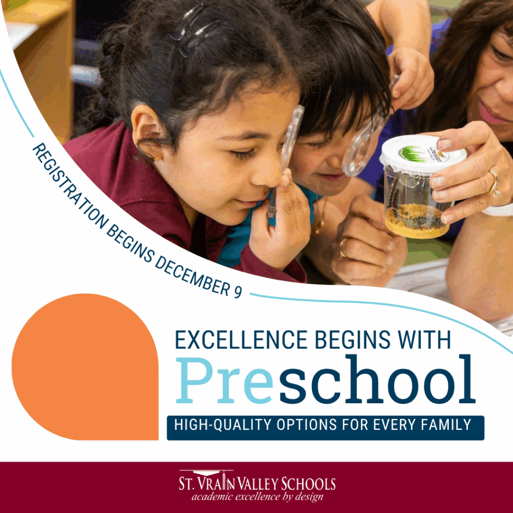Children and an adult examine a container together, promoting preschool registration starting December 9.