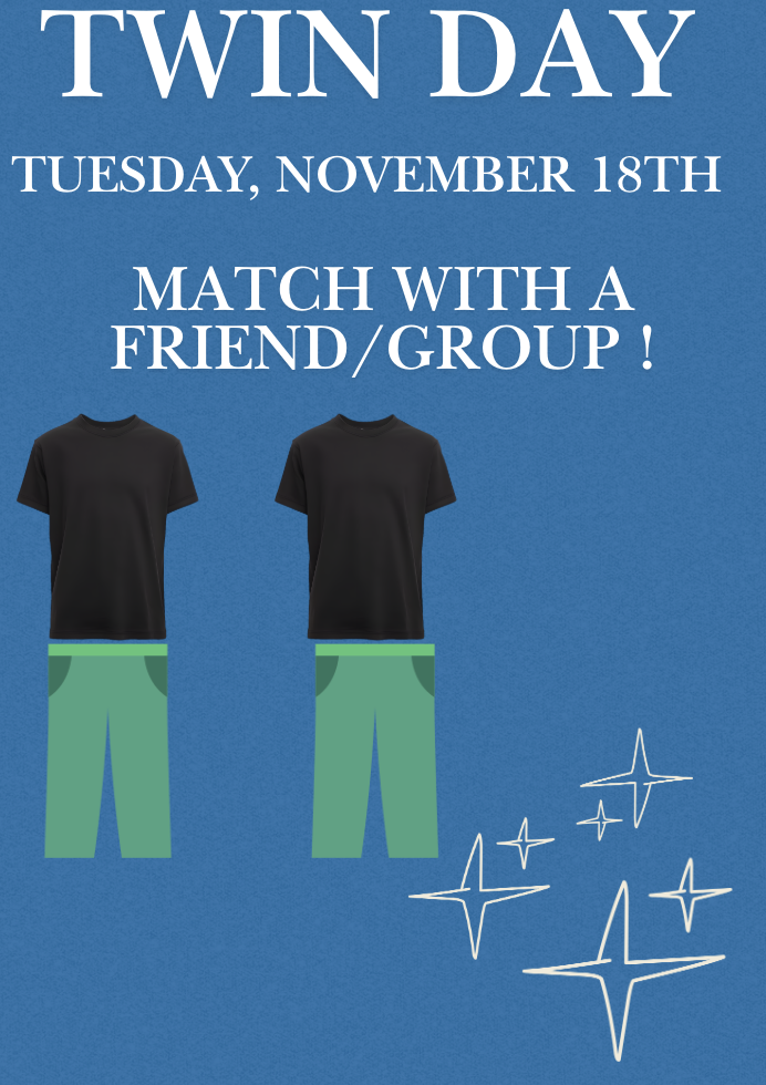 Graphic promoting Twin Day on November 18th, featuring matching outfits of black shirts and green pants.