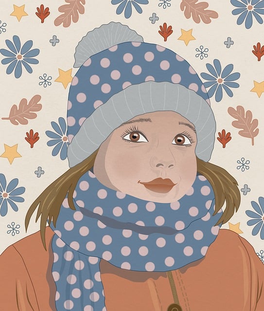 A young girl with brown hair wears a blue polka dot hat and scarf, smiling against a floral background.