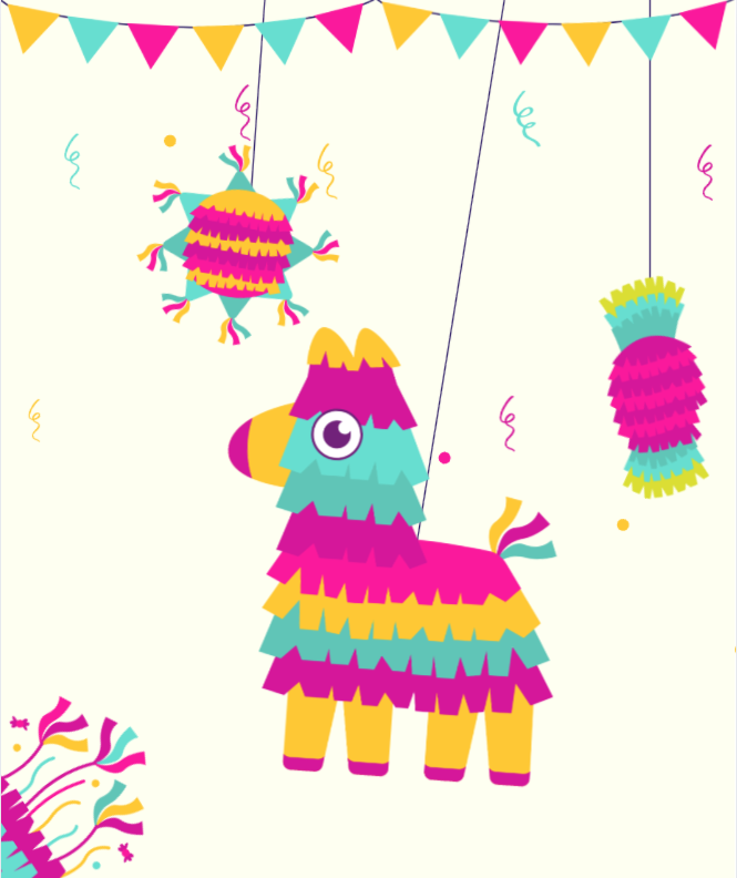 Colorful piñatas hang against a light background, with festive banners and confetti adding to the celebratory theme.