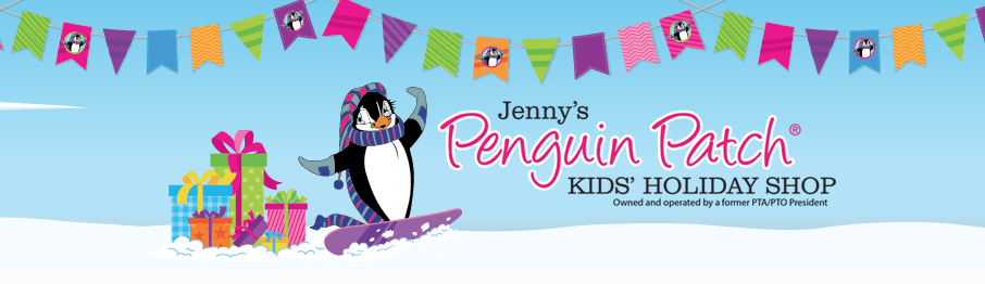 Colorful banner for Jenny's Penguin Patch Kids' Holiday Shop featuring a penguin on a snowboard with gift boxes.