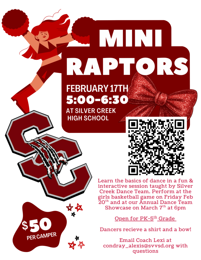 Event flyer for "Mini Raptors" on February 17th at Silver Creek High School, featuring dance basics for PK-5th grade.