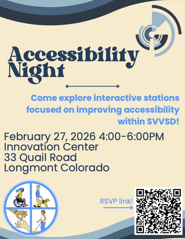 Event flyer for Accessibility Night on February 27, 2026, from 4-6 PM at the Innovation Center, Longmont, Colorado.