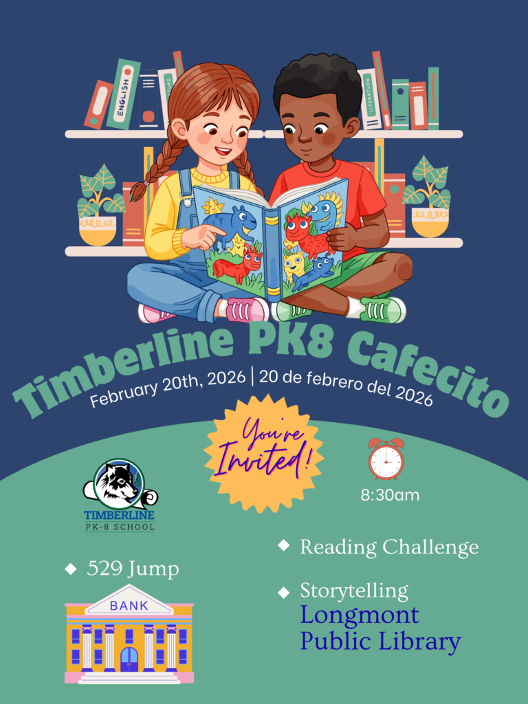 Two children reading a colorful book together, with event details for a community gathering at Longmont Public Library.