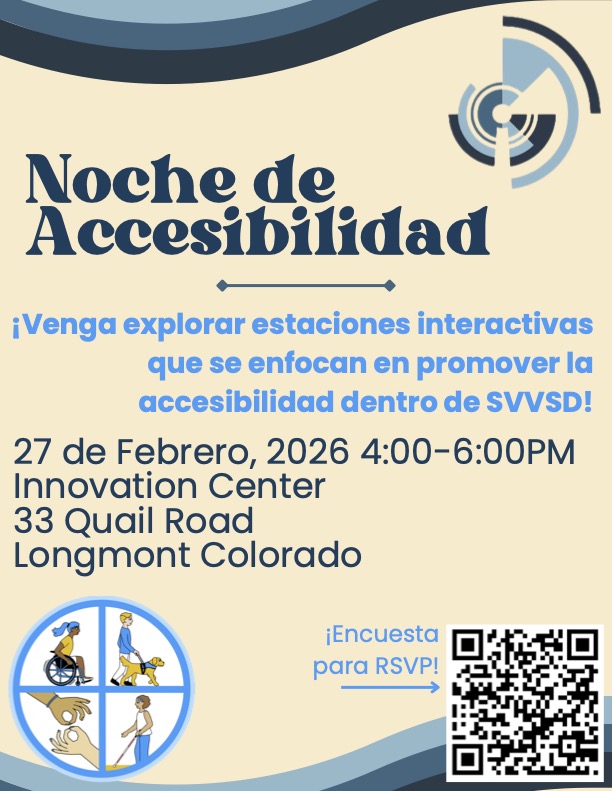 Event flyer for "Noche de Accesibilidad" on February 27, 2026, at Innovation Center, Longmont, Colorado.