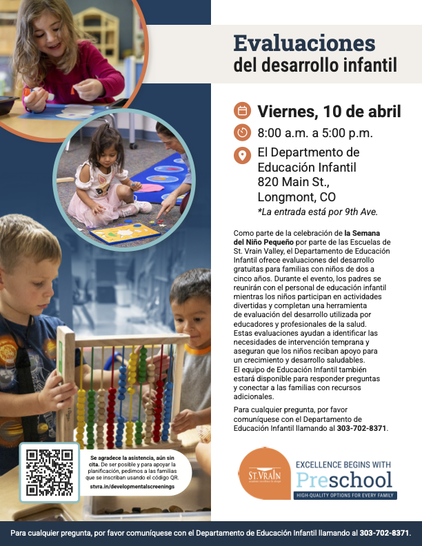 Event flyer for free child development evaluations on April 10 in Longmont, CO, hosted by the Department of Education.