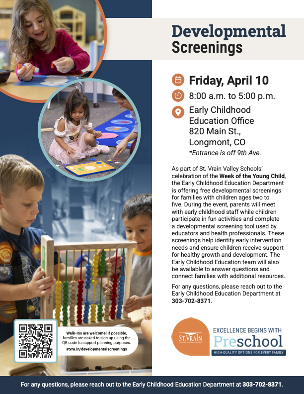 Event flyer for developmental screenings for children ages 0-5, featuring kids engaging in activities and details of the event.
