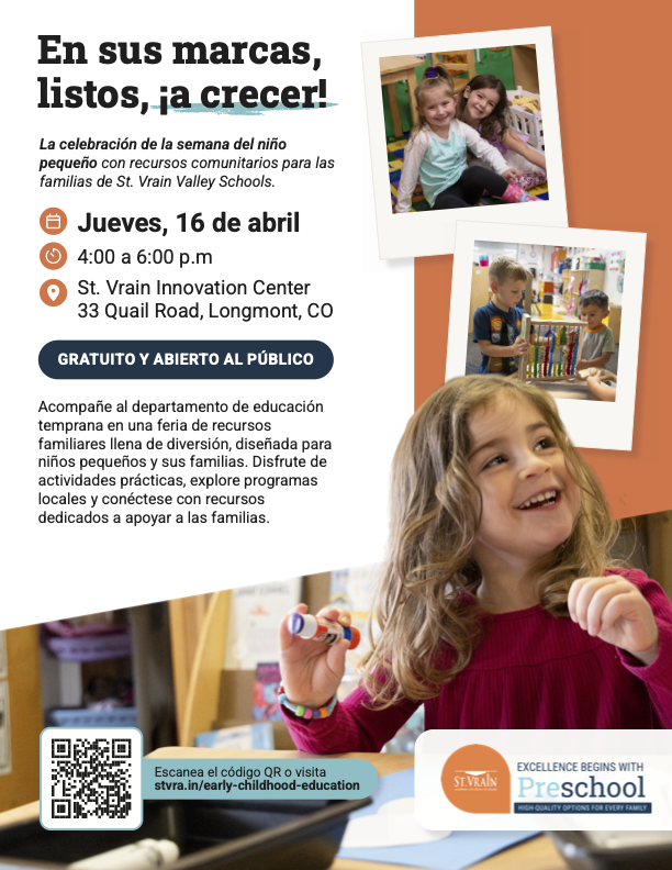 Event flyer for a community resource fair for families, featuring children engaging in activities at St. Vrain Innovation Center.
