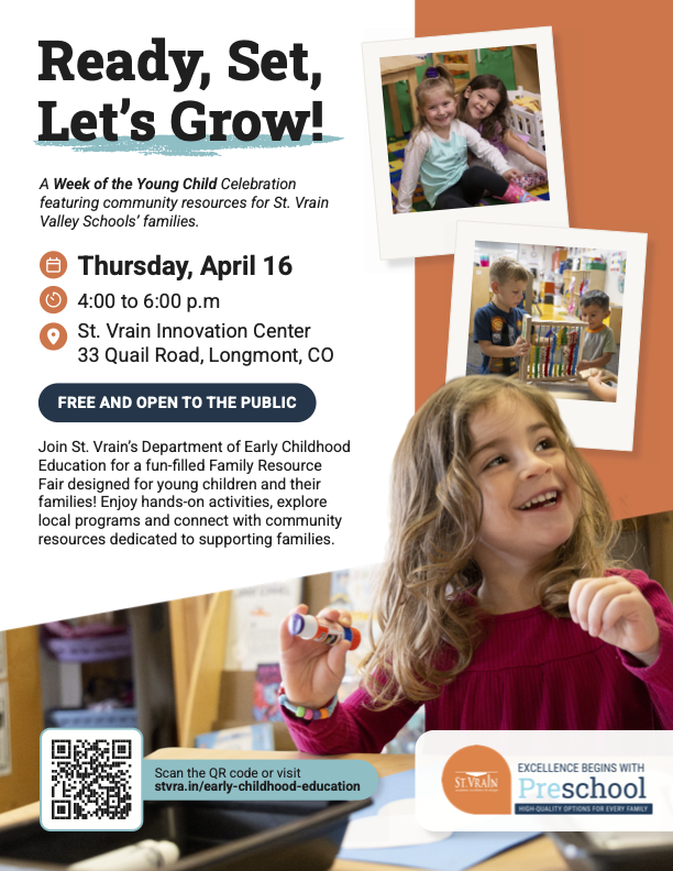 Event flyer for a family resource fair on April 16 at St. Vrain Innovation Center, featuring activities for young children.