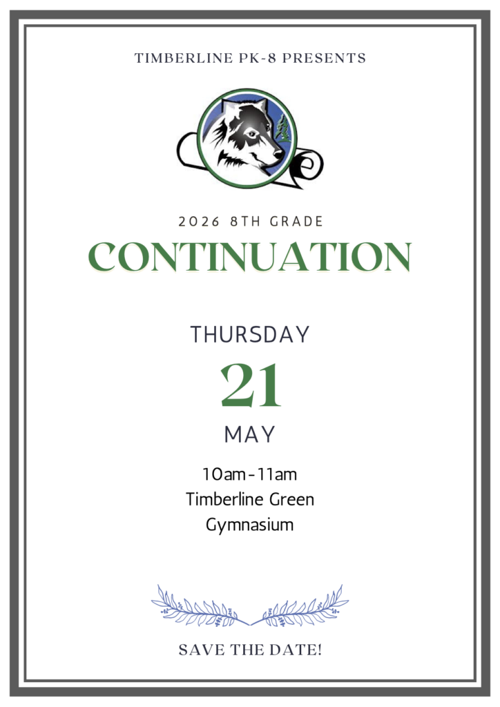 Anuncio de evento para Timberline PK-8: clase de recuperación de 3.º de ESO el 21 de mayo, de 10:00 a 11:00 en el pabellón deportivo Timberline Green.