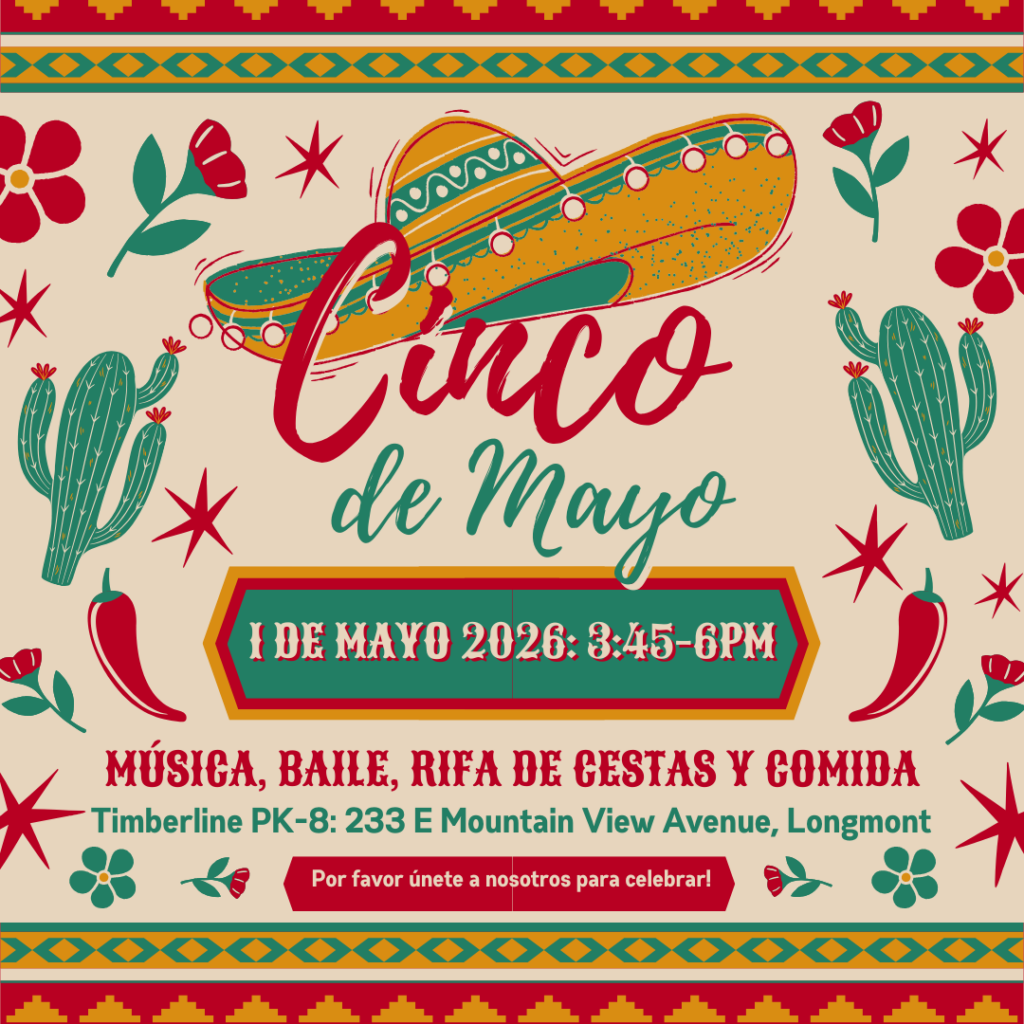 Colorful Cinco de Mayo event poster featuring a sombrero, cacti, and flowers. Event details include date, time, and location.