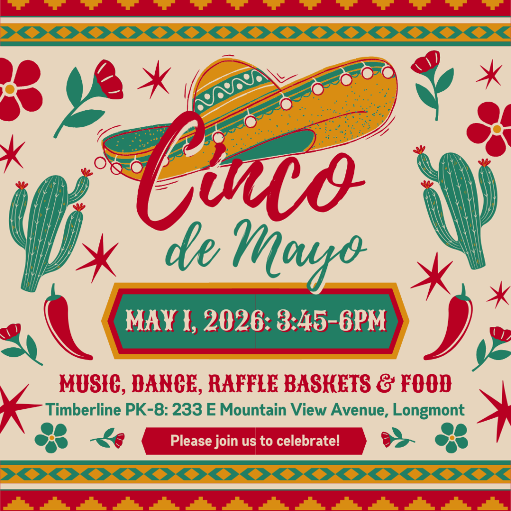 Colorful Cinco de Mayo event poster featuring a sombrero, cacti, and flowers. Event details include date, time, and location.