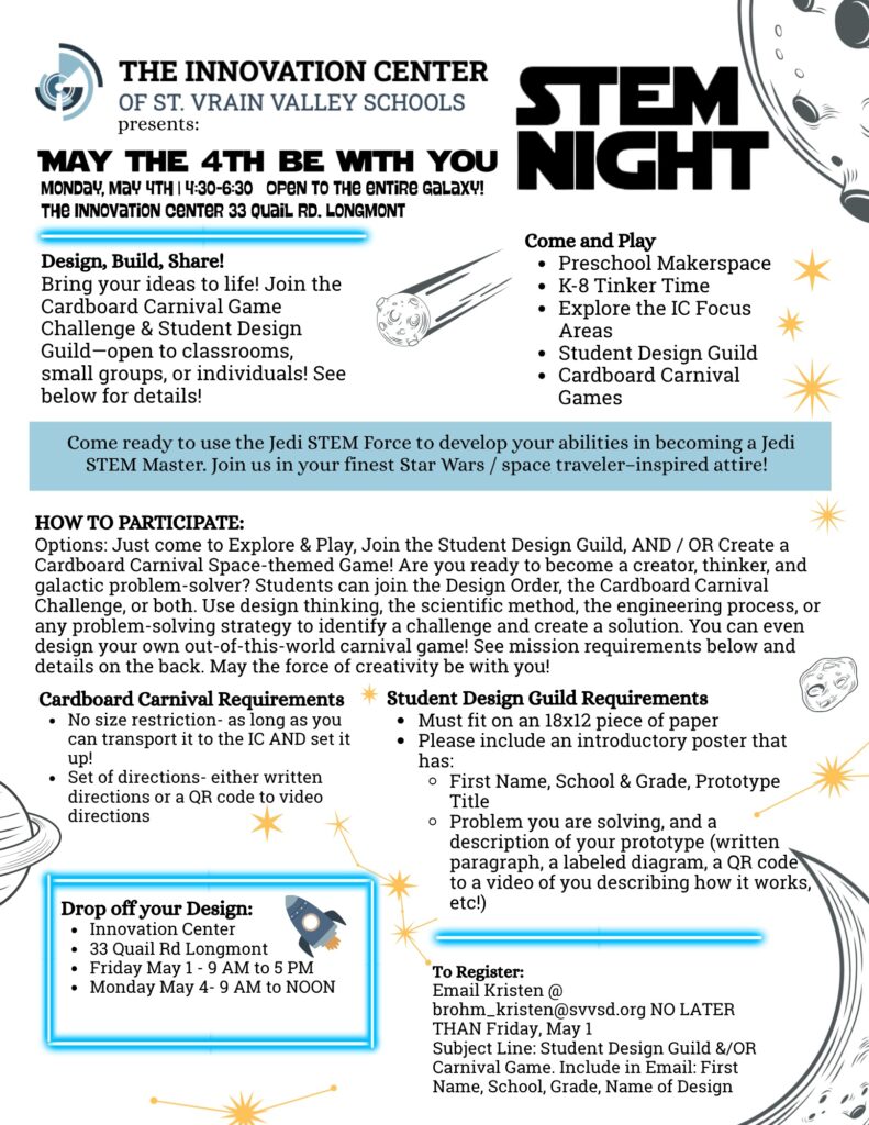 Event flyer for STEM Night at the Innovation Center, featuring activities like games and design challenges for students.