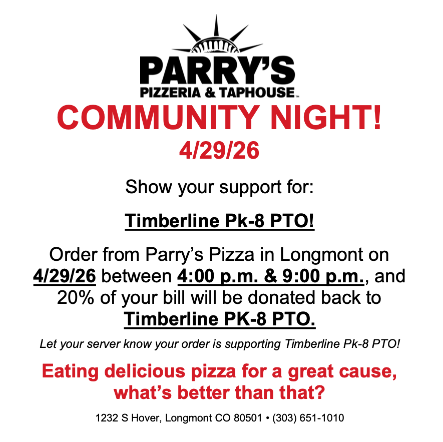 Folleto promocional de la «Noche de la comunidad» de Parry's Pizzeria, que se celebrará el 29 de abril de 2026, en la que se destinará el 20 % de los ingresos a Timberline PK-8 .