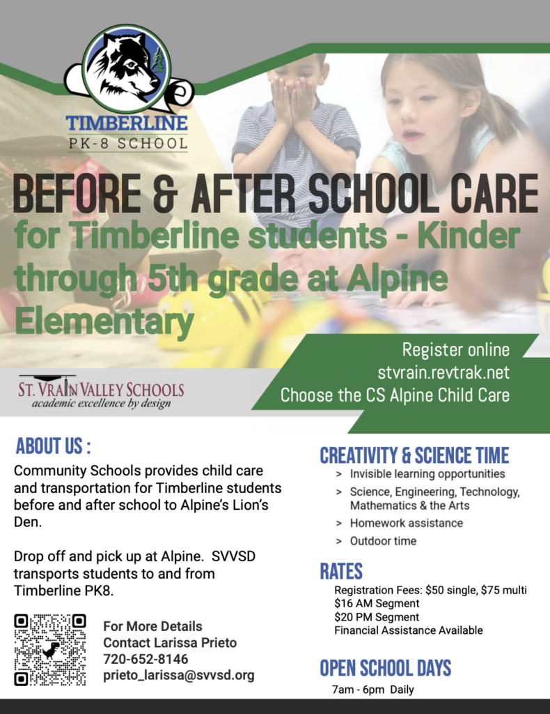 Timberline PK-8 School offers before and after school care for students at Alpine Elementary, including rates and activities.