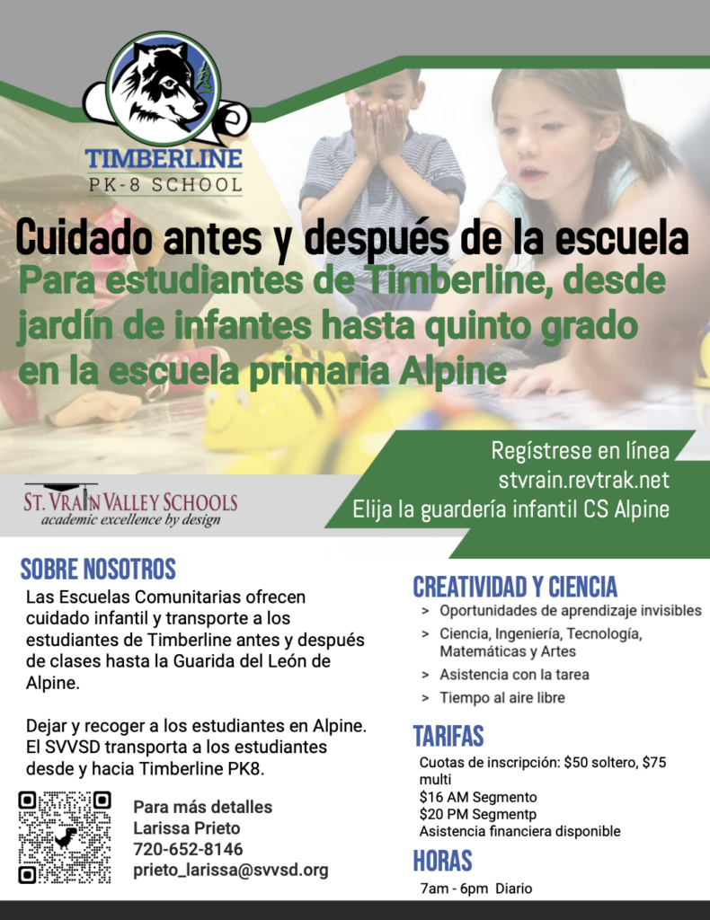 Flyer for Timberline PK-8 School's before and after school care program for students from kindergarten to fifth grade.