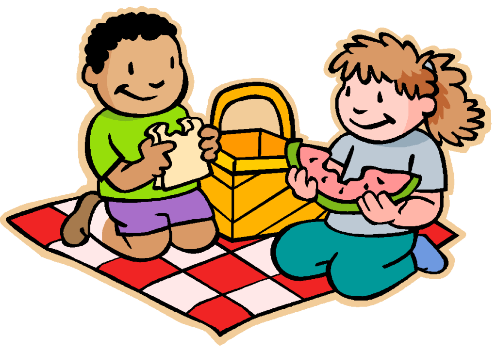 Two children enjoy a picnic on a red and white checkered blanket, sharing a sandwich and watermelon.